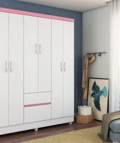 Armoire 6 Portes 2 Tiroirs Blanc/Rose Flash